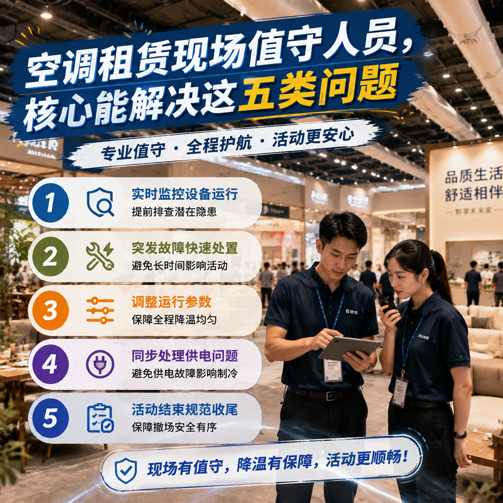 空调租赁服务中，现场值守人员能帮活动方解决哪些问题？